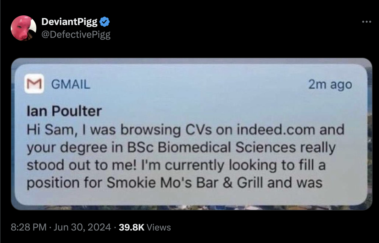screenshot - DeviantPigg B M Gmail lan Poulter 2m ago Hi Sam, I was browsing CVs on indeed.com and your degree in BSc Biomedical Sciences really stood out to me! I'm currently looking to fill a position for Smokie Mo's Bar & Grill and was Views